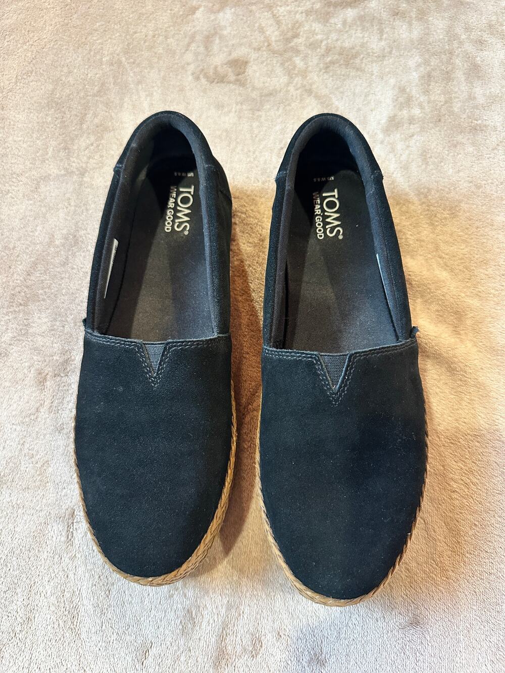 TOMS Black Suede Leather Espadrille Flats Women's 8.5 Braided Trim